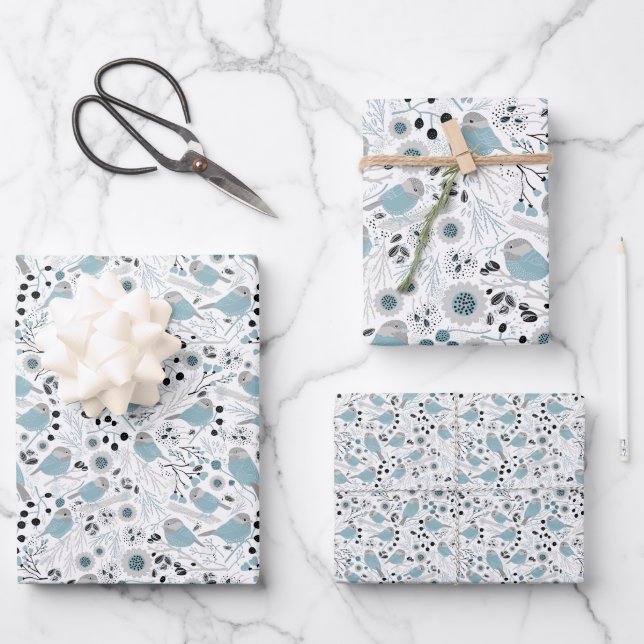 Chickadee Birds Cute Blue Grey Flowers Berries Wrapping Paper Sheet (Front)