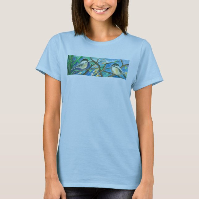 Chickadee Birds In Tree Watercolor Painting T-Shirt (Front)
