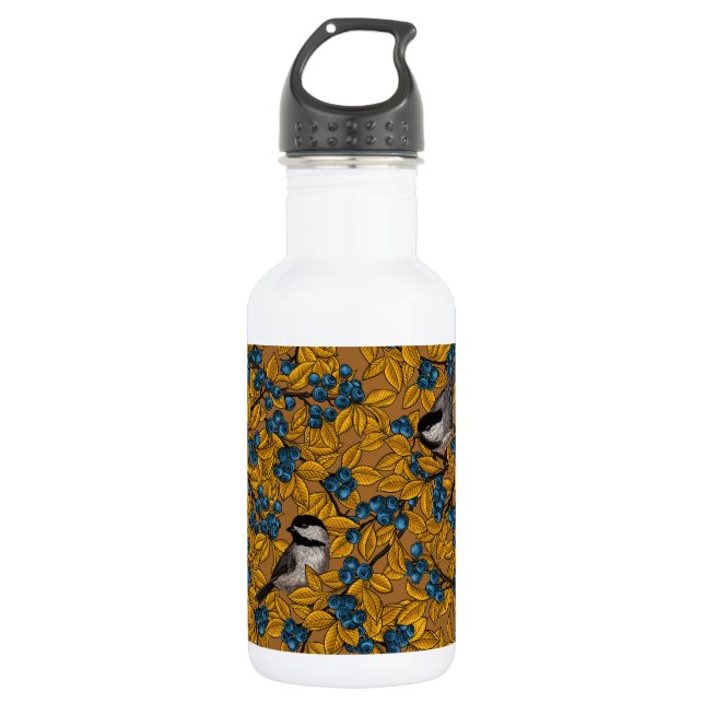 Chickadee birds on blueberry branches 532 ml water bottle (Front)