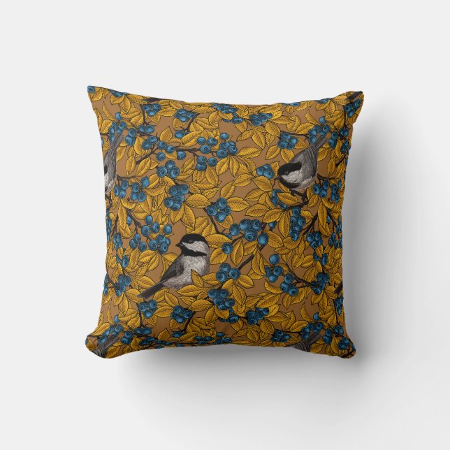 Chickadee birds on blueberry branches cushion (Front)