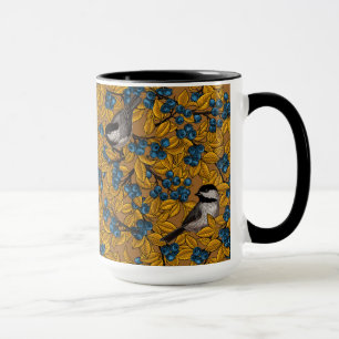 Chickadee birds on blueberry branches mug