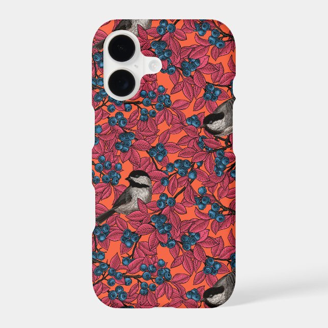 Chickadee birds on blueberry branches on orange (Back)