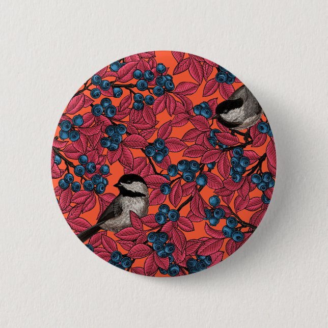 Chickadee birds on blueberry branches on orange 6 cm round badge (Front)