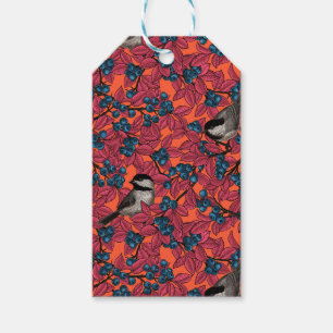 Chickadee birds on blueberry branches on orange gift tags