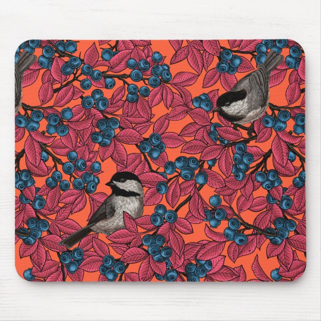 Chickadee birds on blueberry branches on orange mouse mat (Front)