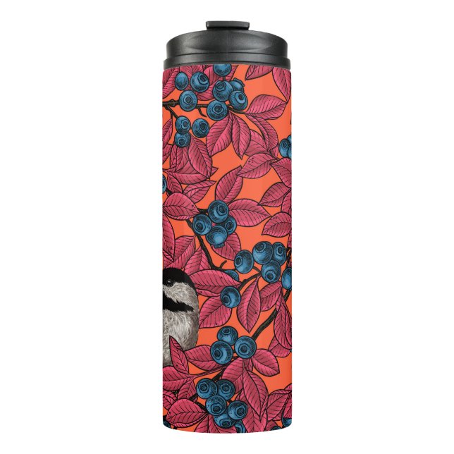 Chickadee birds on blueberry branches on orange thermal tumbler (Front)