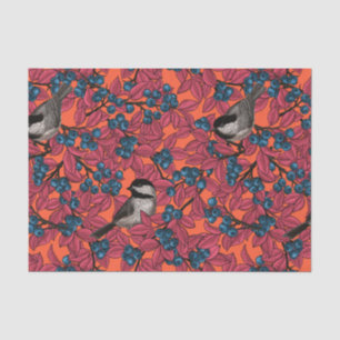 Chickadee birds on blueberry branches on orange tissue paper