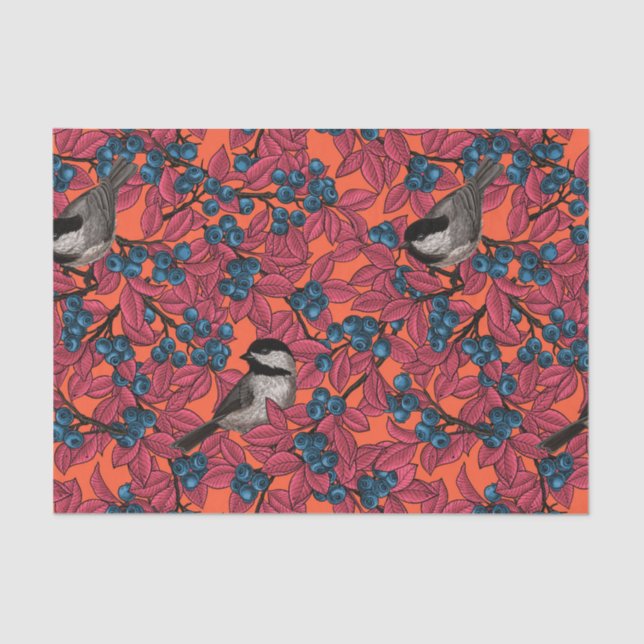 Chickadee birds on blueberry branches on orange tissue paper (Front)