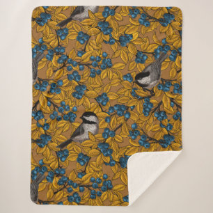 Chickadee birds on blueberry branches sherpa blanket