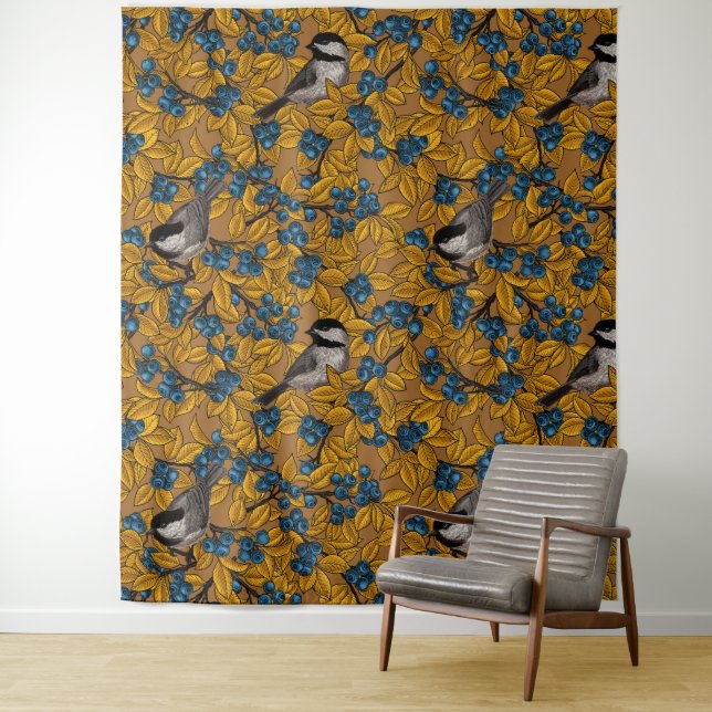 Chickadee birds on blueberry branches tapestry (In Situ)
