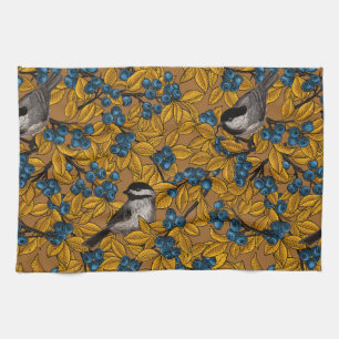Chickadee birds on blueberry branches tea towel