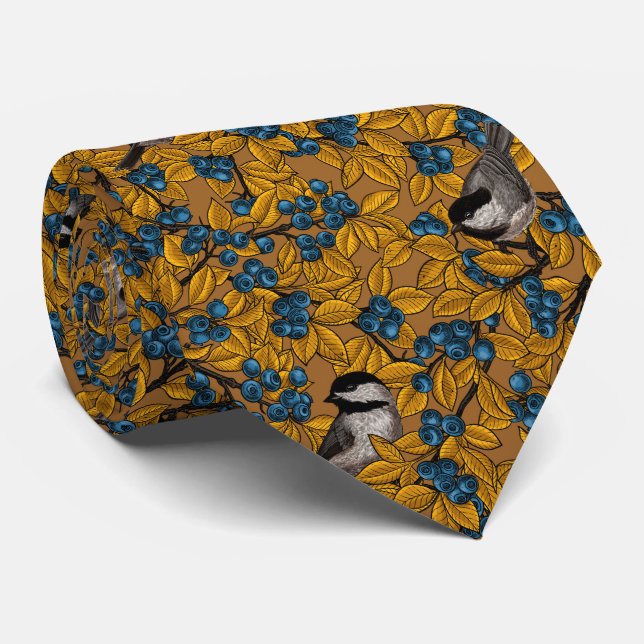 Chickadee birds on blueberry branches tie (Rolled)