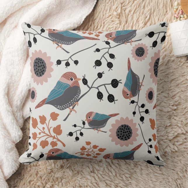 Chickadee Birds Pink Teal Pattern Cushion (Blanket)