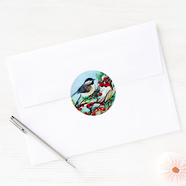 Chickadee Black Capped Art Classic Round Sticker (Chickadee Black Capped Art Classic Round Sticker from Jenn's Emporium. )