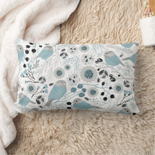 Chickadee Blue Grey Pattern Lumbar Cushion
