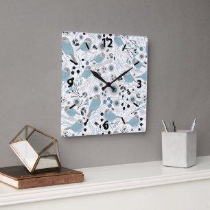 Chickadee Blue Grey Pattern Square Wall Clock