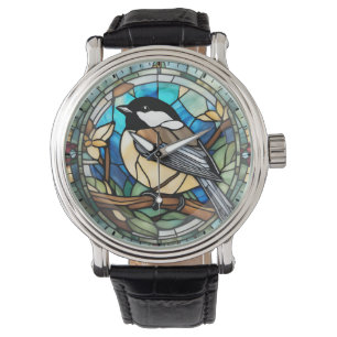 Chickadee Faux Stained Glass Great Tit Bird Clock Watch