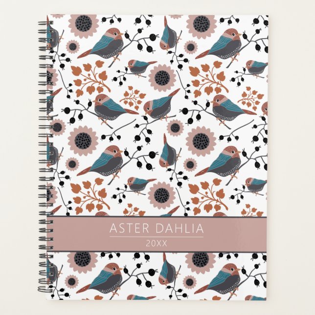 Chickadee Floral Pattern Blue Pink Customisable Planner (Front)