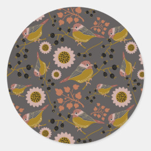 Chickadee Gold Pink Black Berries Flowers Pattern Classic Round Sticker
