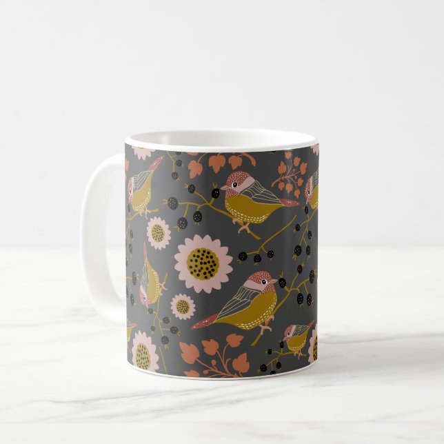 Chickadee Gold Pink Black Berries Flowers Pattern Coffee Mug (Front Left)