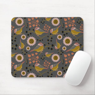 Chickadee Gold Pink Black Berries Flowers Pattern Mouse Mat