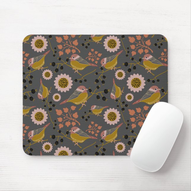 Chickadee Gold Pink Black Berries Flowers Pattern Mouse Mat (With Mouse)