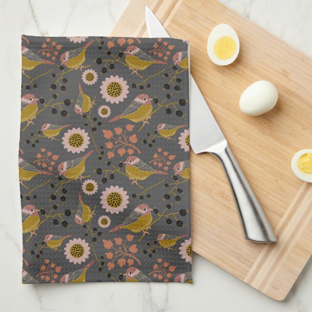 Chickadee Gold Pink Black Berries Flowers Pattern  Tea Towel (Quarter Fold)