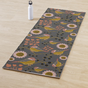 Chickadee Gold Pink Black Berries Flowers Pattern Yoga Mat
