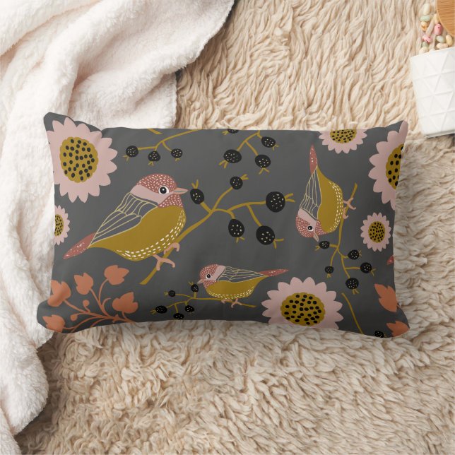 Chickadee Gold Pink Black Pattern Lumbar Cushion (Blanket)