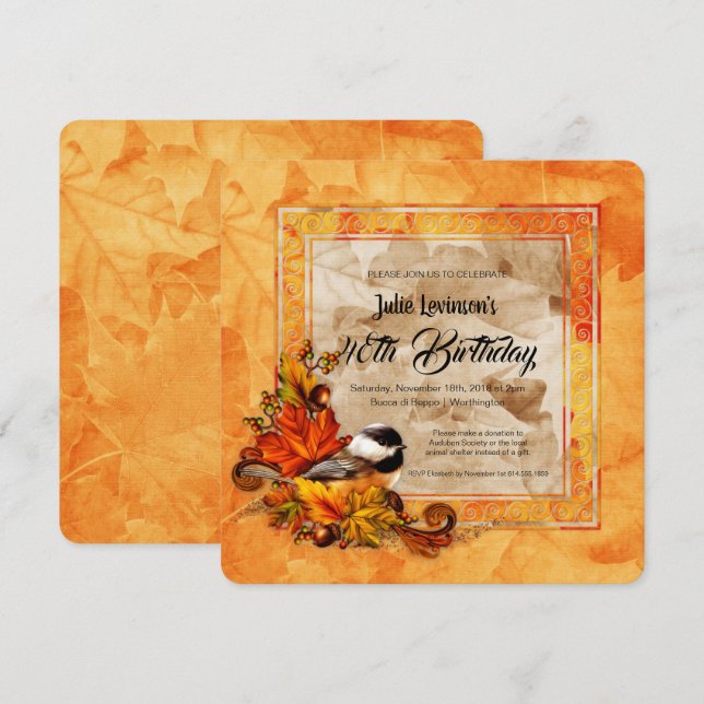 Chickadee & Golden Autumn Leaves Birthday Party Invitation (Front/Back)