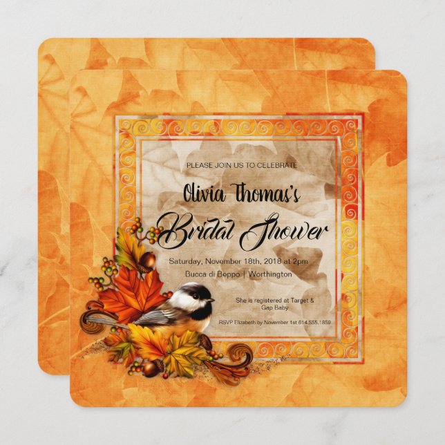 Chickadee & Golden Autumn Leaves Bridal Shower Invitation (Front/Back)