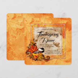Chickadee & Golden Autumn Leaves Thanksgiving Invitation