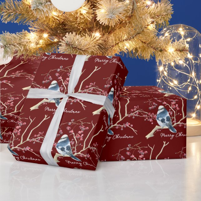 Chickadee In Christmas Berries  Wrapping Paper (Holidays)