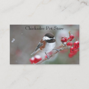 Chickadee in Falling Snow with Red Berries Business Card