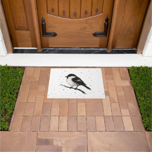 Chickadee in Snow – Minimalist Winter Bird on Doormat