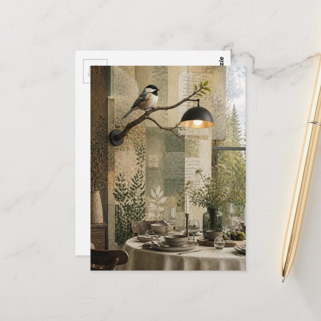 Chickadee in the Dining Room Surreal Collage Postcard (Front/Back In Situ)