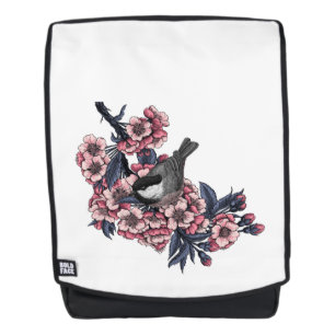 Chickadee on a blooming cherry branch backpack