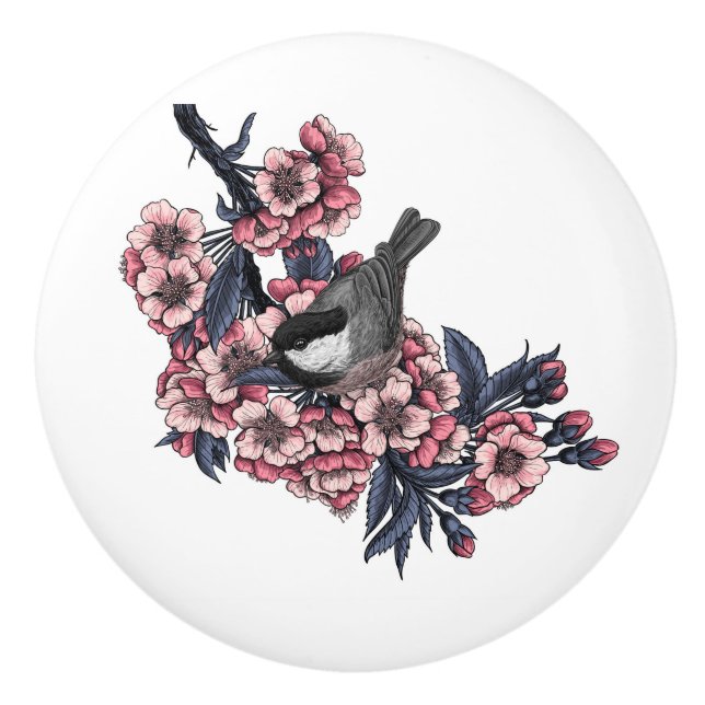 Chickadee on a blooming cherry branch ceramic knob (Front)