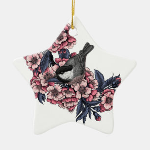 Chickadee on a blooming cherry branch ceramic tree decoration