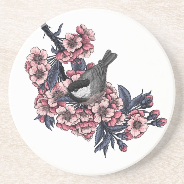 Chickadee on a blooming cherry branch coaster (Front)
