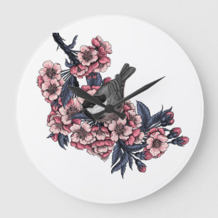 Chickadee on a blooming cherry branch large clock