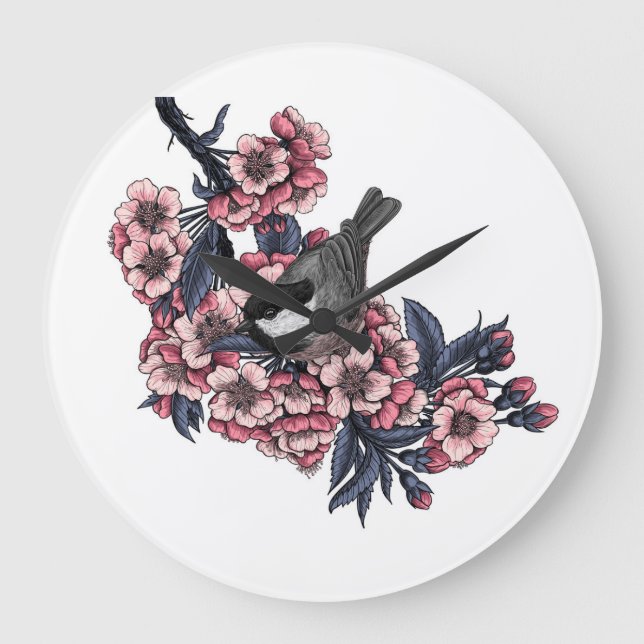 Chickadee on a blooming cherry branch large clock (Front)