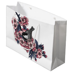Chickadee on a blooming cherry branch large gift bag
