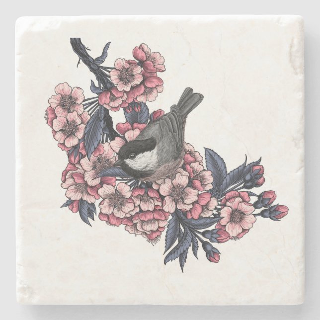 Chickadee on a blooming cherry branch stone coaster (Front)