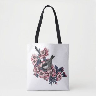 Chickadee on a blooming cherry branch tote bag