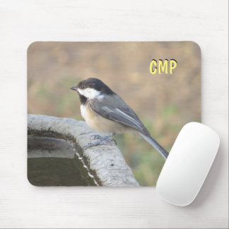 Chickadee on bird bath mouse mat