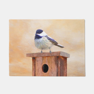 Chickadee on Birdhouse Painting - Original Bird Ar Doormat