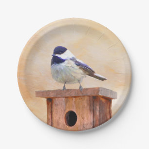 Chickadee on Birdhouse Painting - Original Bird Ar Paper Plate