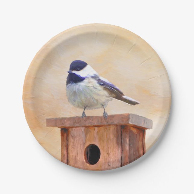 Chickadee on Birdhouse Painting - Original Bird Ar Paper Plate (Front)