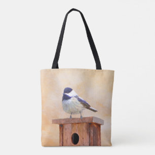 Chickadee on Birdhouse Painting - Original Bird Ar Tote Bag